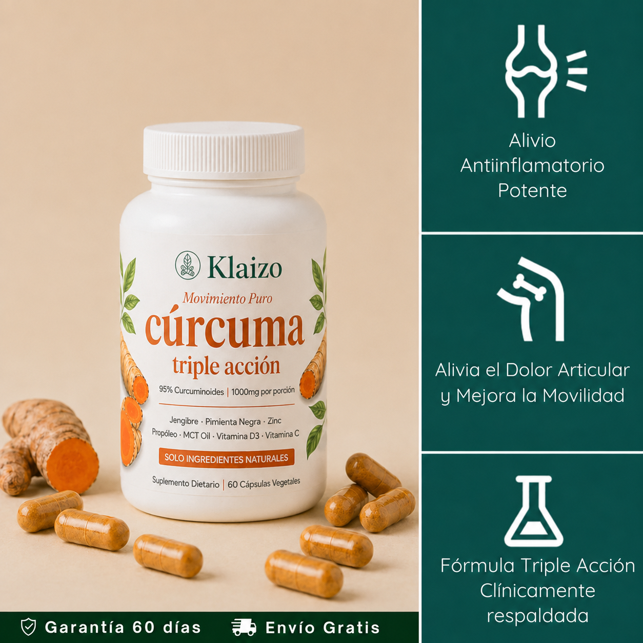 Cápsulas de Cúrcuma - Triple Acción Antiinflamatoria